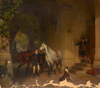 Ratsastajat kahdella hevosella linnan edessä tekijältä Düsseldorfer Maler um 1850