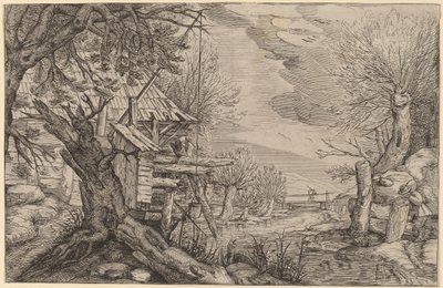Maisema hirsitalolla lähellä jokea tekijältä Dutch 17th Century, formerly Jacques de Gheyn II