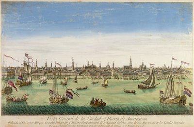 Yleisnäkymä Amsterdamin satamasta ja kaupungista, kaiverrus DG. Hucquier, 1500-luku tekijältä Dutch School