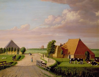 Tutkimus Leevwardenista Hollannissa friisiläisen karjan lauma etualalla tekijältä Dutch School