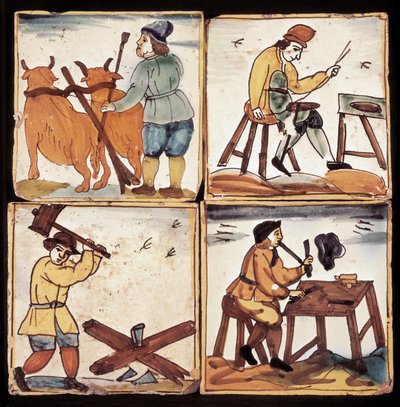 Azulejos-paneeli: ammattien edustus, talonpoikien maanmuokkaus, säästölaite, puunhalkaisija ja piiperi (keraaminen). tekijältä Dutch School