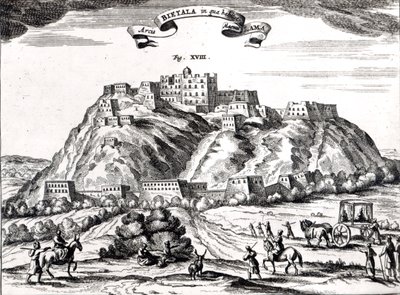 Bietala, Lama Suuren linnoitus, Lhassan kuningaskunta,kuva Athanasius Kircherin (1602-80) teoksesta "La Chine illustree" Amsterdam, 1670 (kaiverrus) (bw kuva) tekijältä Dutch School
