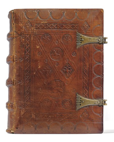 Tuntikirja ja rukouskirja hollanniksi, Ala-Rheinland, Emmerich, Cleves, n. 1480 (muste ja pigmentti vellum-paperilla, sidottu vasikannahkaan metallihakasilla varustettujen lautojen päälle) tekijältä Dutch School