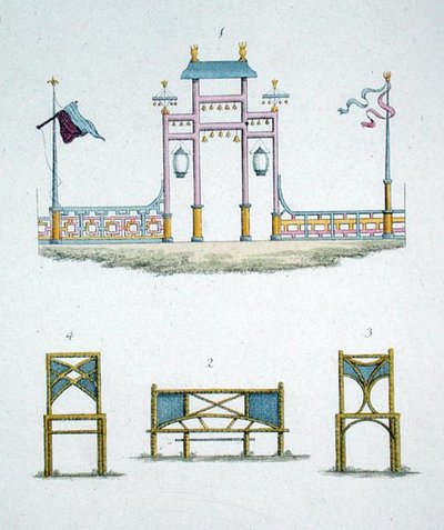 Kiinalainen portti ja puutarhaistuimet, G. van Laarin "Magazine of Garden Gems", julkaistu 1802 (värilitho) tekijältä Dutch School