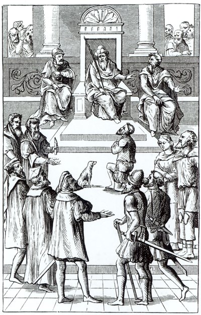 Oikaisutunnustus tuomioistuimessa Joos de Damhouderin (1507-81) Antwerpenissä vuonna 1556 julkaistun Praxis Rerum Criminaliumin puupiirroksen jälkeen tekijältä Dutch School