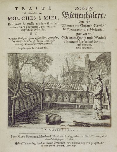 Kansi Traite des Abeilles, ou Mouches a Miel... painettu ranskaksi ja saksaksi, kaiverrus G.V.Eckhout, Amsterdam 1670 tekijältä Dutch School