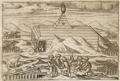 Miehistö tappaa ja nylkee karhuja sen hytin ulkopuolella, jossa retkikunta talvehti, kuva Gerrit de Veerin teoksesta "Diarium Nauticum, seu vera descriptio trium navigationum admirandarum..." tekijältä Dutch School