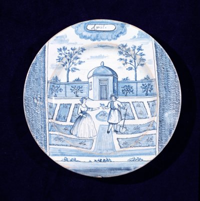 Delftware-levy, joka kuvaa huhtikuuta (tinalasitettu keramiikka) tekijältä Dutch School
