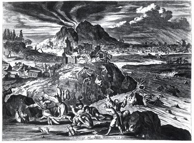 Maanjäristys Edossa (Tokio) vuonna 1659, esimerkki Arnold Montanuksen kertomuksesta Hollannin Itä-Intian yhtiön Japanin keisarille lähettämistä suurlähetystöistä, julkaistu Amsterdamissa 1669 ( tekijältä Dutch School