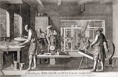 Abraham van Wylickin tehdas, Amsterdamin silkkiteollisuus, teoksesta "Geschiedenis van Nederland", julkaisu 1936 (litografia). tekijältä Dutch School