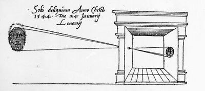 Ensimmäinen julkaistu kuva camera obscurasta, joka tarkkailee auringonpimennystä tammikuussa 1544 tekijältä Dutch School