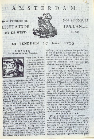 La Gazette dAmsterdamin etusivu, 16. tammikuuta 1733 (painettu paperi) tekijältä Dutch School