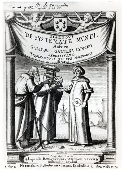 Galileon (1564-1642) Dialogus De Systemate Mundin etukappale, julkaistu Leydenissa 1635 tekijältä Dutch School