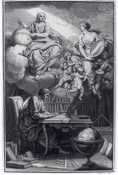 Voltairen (1694-1778) Elements de la Philosophie de Newtonin etukappale, julkaistu Amsterdamissa, 1738 tekijältä Dutch School