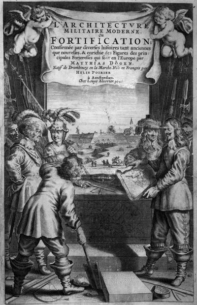Frontispiece to LArchitecture Militaire Moderne, ou Fortification by Matthias Dogen, kaiverrus Theodor Matham (n. 1606-76), pub. kirjoittanut Chez Louis Elzevier, Amsterdam, 1648 tekijältä Dutch School