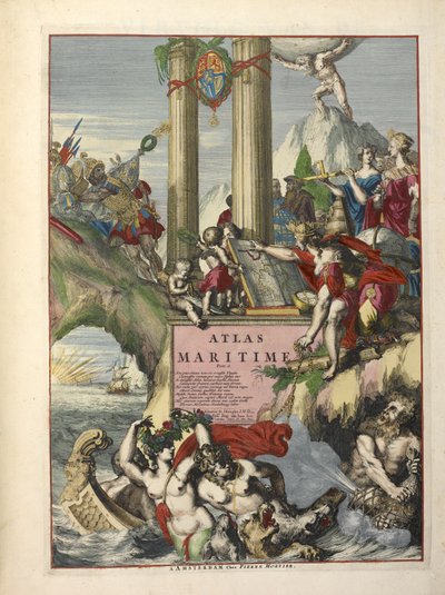 Etukappale teoksesta "De Fransche Neptunus and Atlas Maritime and Suite du Neptune François", Charles Pene ja Pieter Mortier (värillinen kaiverrus) tekijältä Dutch School