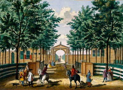 Francois van Haringkaspelin huvipalatsin puutarhat Hendrick de Lethin ja Matthias Brouerius Van Nidekin Het Zeganpralent Kennemerlantista, julkaistu n. 1700-1730 tekijältä Dutch School