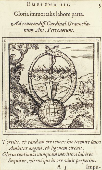 Kuolemattoman työn kunnia voitti, Adrianus Juniuksen kuvitus Emblematasta, julkaisija Christophe Plantin, Anvers, 1565 tekijältä Dutch School