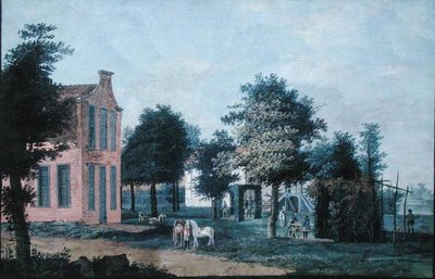 Metsästäjät puutarhaympäristössä, n. 1770 (guassi paperille) tekijältä Dutch School