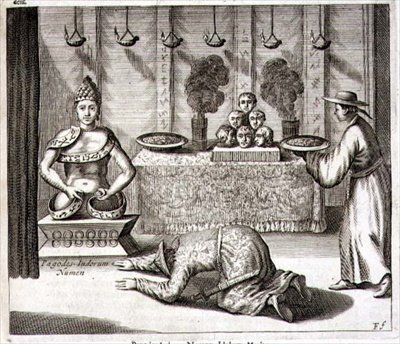 Intialaisen jumalan temppelin sisustus, Athanasius Kircherin (1601-80) kuvituksesta "Kiina", 1667 (kaiverrus) tekijältä Dutch School