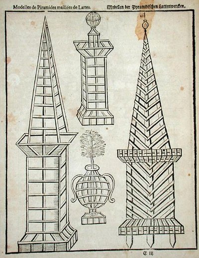 Latticework pyramidit, Johann van der Groenin teoksesta "The Dutch Gardener", julkaistu 1699 (kaiverrus) tekijältä Dutch School