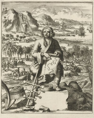 Louis Hennepinin laskeutuminen Pohjois-Amerikassa, pubi. 1688 kaiverrus. tekijältä Dutch School