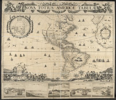 Amerikan kartta, Nova totius Americae -pöytä, [näkymillä] Panama, Caput S. Augustini, Uusi Amsterdam, S. Vapahtaja, nimi D. Jumala. Piirtänyt J. Mathysz tekijältä Dutch School