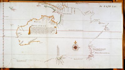 Kartta New Hollandista, nykyisestä Australiasta, ja Uudesta-Seelannista, joka on tehty Abel Janszoon Tasmanin (1603-1659) ja Willem Janszoonin (1570-1630) matkojen aikana keräämistä tiedoista tekijältä Dutch School