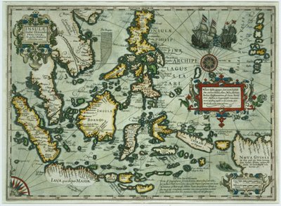 Itä-Intian kartta, pubi. 1635 Amsterdamissa (käsinvärinen kaiverrus) tekijältä Dutch School
