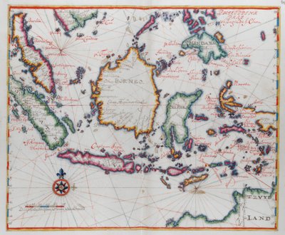 Kartta, jossa näkyy Borneo, Clebes (Sulawesi), Jaava ja muut Indonesian saaret. tekijältä Dutch School