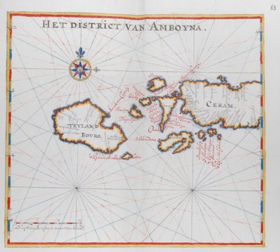 Mapa que mostra les illes de Bouro i Ceram (Seram), Indonèsia.finlandès tekijältä Dutch School