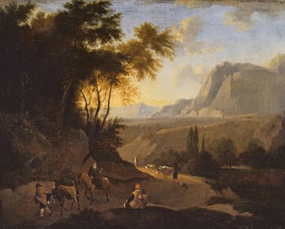 Vuoristomaisema hahmojen kanssa, 1600-luvun loppupuoli (öljy kankaalle) tekijältä Dutch School