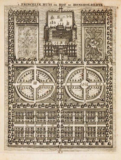 Honsholredykin palatsi, Johann van der Groenin hollantilainen puutarhuri, julkaistu 1699 tekijältä Dutch School