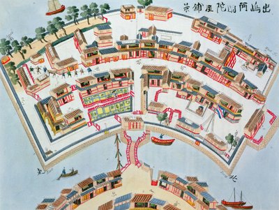 Nangasakin Desiman saarella sijaitsevan hollantilaisen tehtaan suunnitelma Isaac Titsinghin (n. 1740-1812) Japanin kuvituksista, julkaistu Lontoossa, 1822 tekijältä Dutch School