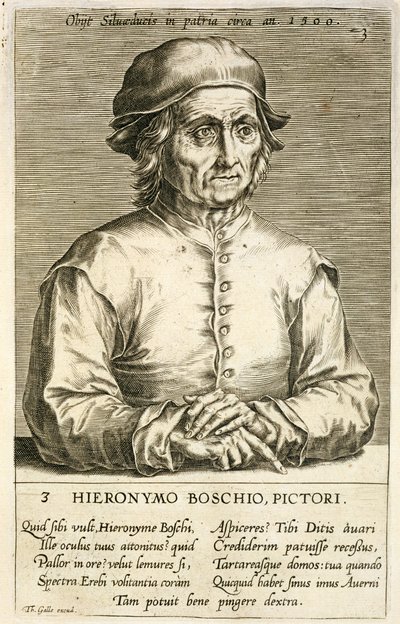 Hieronymus Boschin (n. 1450-1516) muotokuva, levy 3 taiteilijoiden muotokuvien sarjassa, kaiverrettu Theodor Galle (1571-1633) tekijältä Dutch School
