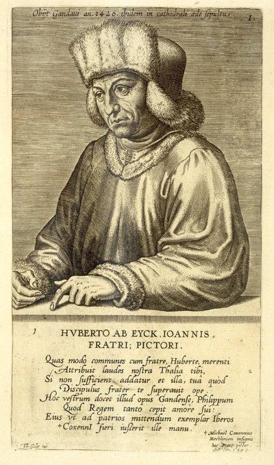 Hubert van Eyckin (1366-1426) muotokuva, levy 1 taiteilijoiden muotokuvien sarjasta, kaivertanut Theodor Galle (1571-1633) tekijältä Dutch School