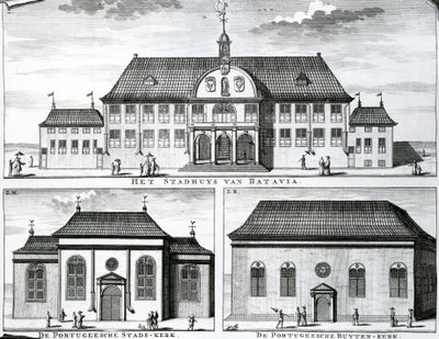 Portugalilainen kirkko ja kaupungintalo Bataviassa, 1800-luku, tekijältä Dutch School