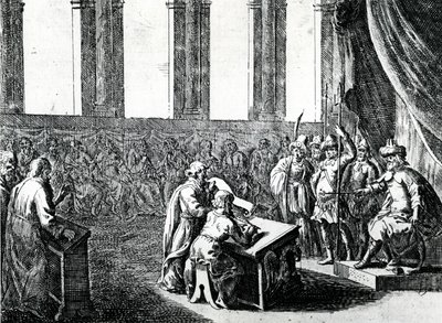 Ptolemaios Filadelfos, Egyptin kuningas, kutsuu 72 miestä Juudeasta kääntämään juutalaisen lain kreikaksi, noin 1700 tekijältä Dutch School