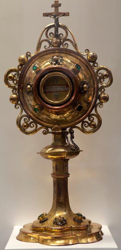 Pyhän Antoinen, Abbe ja Saint Christophen, marttyyri, pyhäkköpylväs, valmistettu Etelä-Lohassa, 1579, Tuomiokirkon aarre, Pyhän Mikaelin ja Pyhän Gudulan katedraali (metallityöt) tekijältä Dutch School