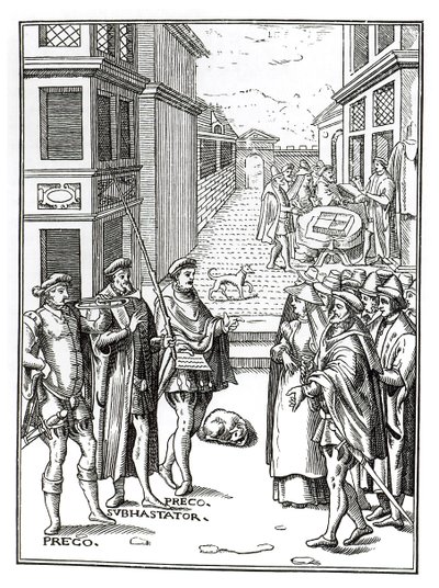 Town Crierin myynti Joos de Damhouderin (1507-81) Antwerpenissä vuonna 1557 julkaistun Praxis Rerum Civiliumin puupiirroksen jälkeen tekijältä Dutch School