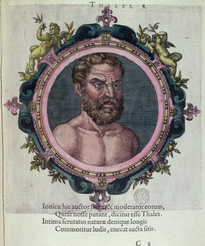 Thales of Miletos (n. 625-547 eKr.), Johannes Sambucuksen (1531-1584) kuvitus antiikin ja viimeaikaisen fysiikan ja filosofien ikoneista, julkaissut Plantin Antwerpenissä 1574 (värikaiverrus) tekijältä Dutch School