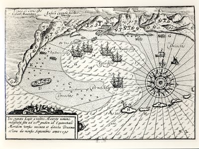 Vara-amiraali Wybrandt Van Warwijckin laivaston saapuminen Mauritiuksen kaakkoissatamaan syyskuussa 1598 tekijältä Dutch School
