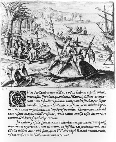 Hollantilaiset Mauritiuksella vuonna 1598, kaivertanut de Bry tekijältä Dutch School