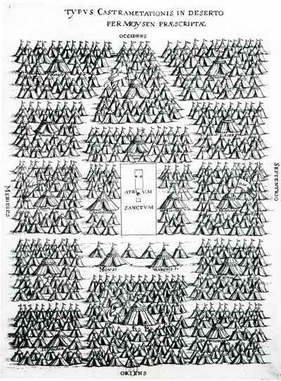 Israelilaisten leiri autiomaassa Mooseksen ja Aaronin teltoilla, keskellä Pyhä Hearth (Atrium Sanctum), julkaistu Hollannissa, n. 1625 (kaiverrus) tekijältä Dutch School