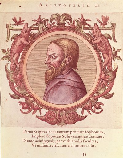 Filosofi Aristoteles (384-322 eKr.), Johannes Sambucuksen (1531-1584) kuvitus muinaisesta ja uusimmasta fysiikasta ja filosofien ikoneista, julkaissut Plantin Antwerpenissä 1574 (värikaiverrus) tekijältä Dutch School
