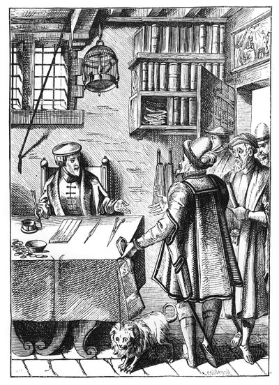 Verojen saaja Joos de Damhouderin (1507-81) Praxis Rerum Civilium -julkaisussa Antwerpenissä vuonna 1557 julkaistun puupiirroksen jälkeen tekijältä Dutch School