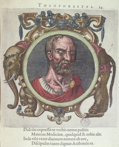 Theophrastus (n. 372-287 eKr.), Johannes Sambucuksen (1531-84) kuvitus artikkelista Vanha ja uusi fysiikka ja filosofit, julkaissut Plantin Leydenissa 1603 (värikaiverrus) tekijältä Dutch School