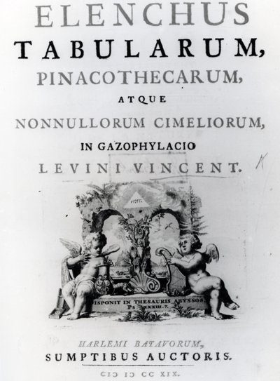 Nimisivu Levine Vincentin taulukkoluettelolle, julkaistu 1719 tekijältä Dutch School