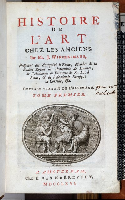 Johann Joachim Winckelmannin (1717-68) teoksen History of Art among the Ancients nimisivu, julkaistu Amsterdam, 1766 tekijältä Dutch School