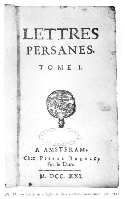Charles de Montesquieun (1689-1755) Persialaisten kirjeiden otsikkosivu 1721 tekijältä Dutch School